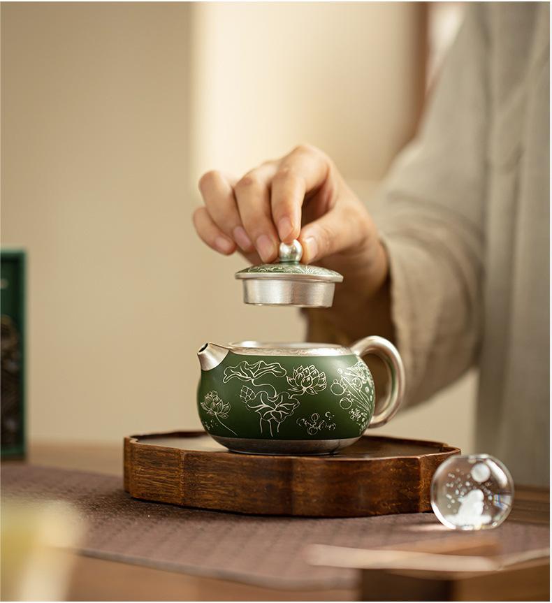 Dark Green Silver-plating Ceramic Teapot.