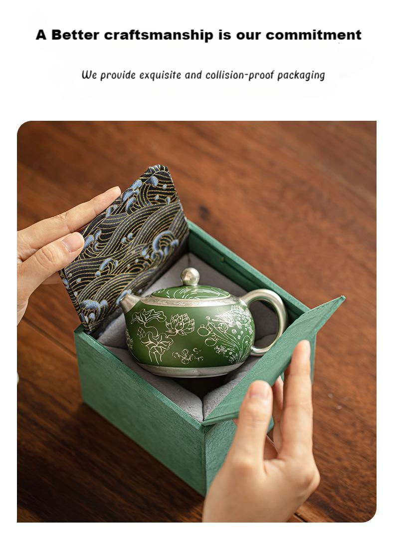 Dark Green Silver-plating Ceramic Teapot.