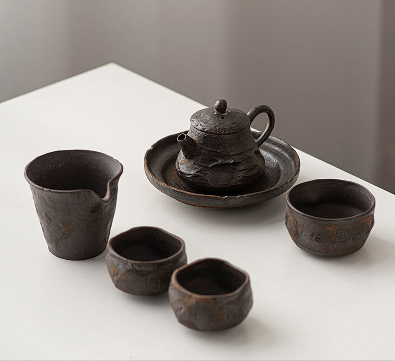 Wabi-Sabi Handcrafted Wood-fired Coarse Clay Side-Handle Teapot / Tea Set