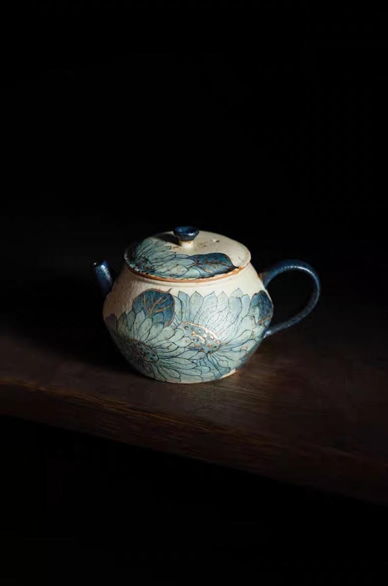 Lotus Pattern Vocanic Stone-Inspired Caramel Glaze Vintage Teapot