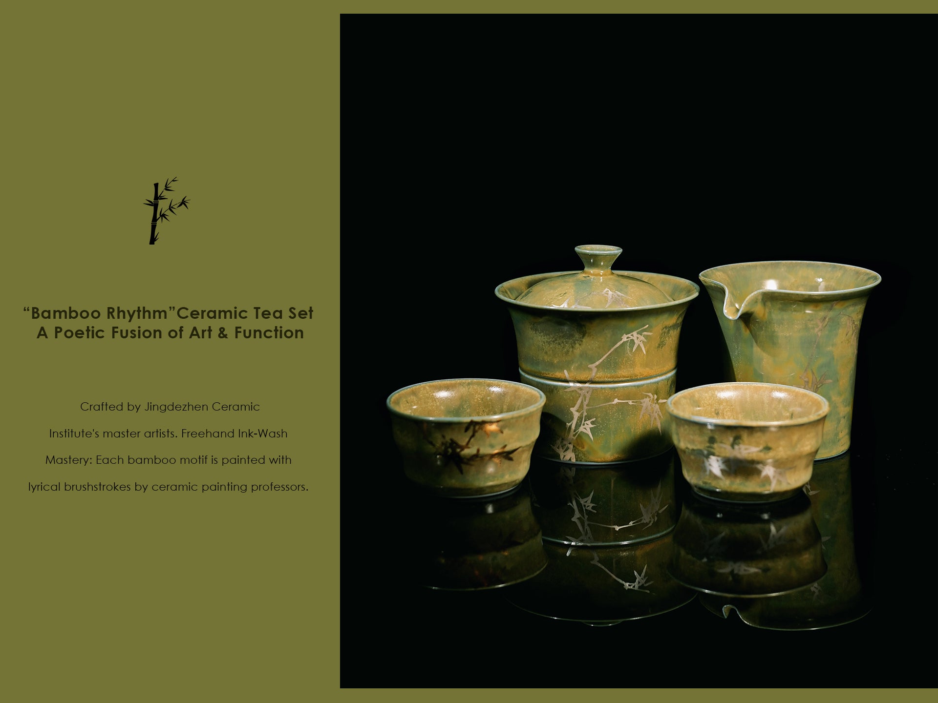 Jingdezhen handmade and hand painted bamboo motif gaiwan tea set for tea steeper