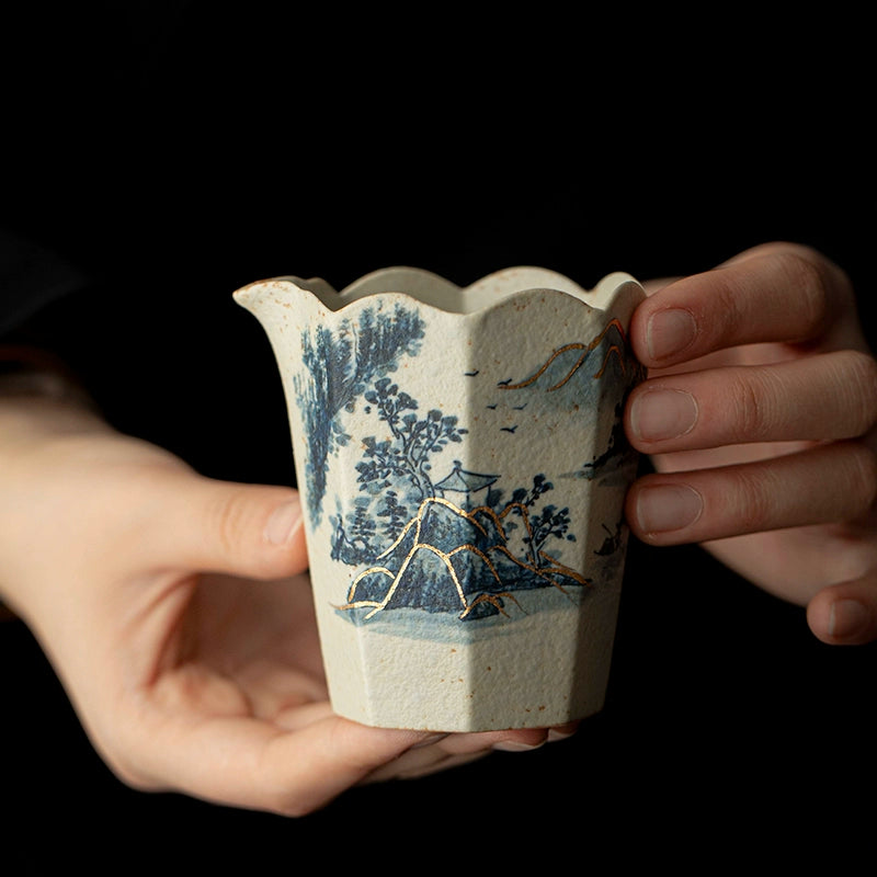 Artistic Porcelain Fair Cup with Hand-painted Mountains and Gold Trim