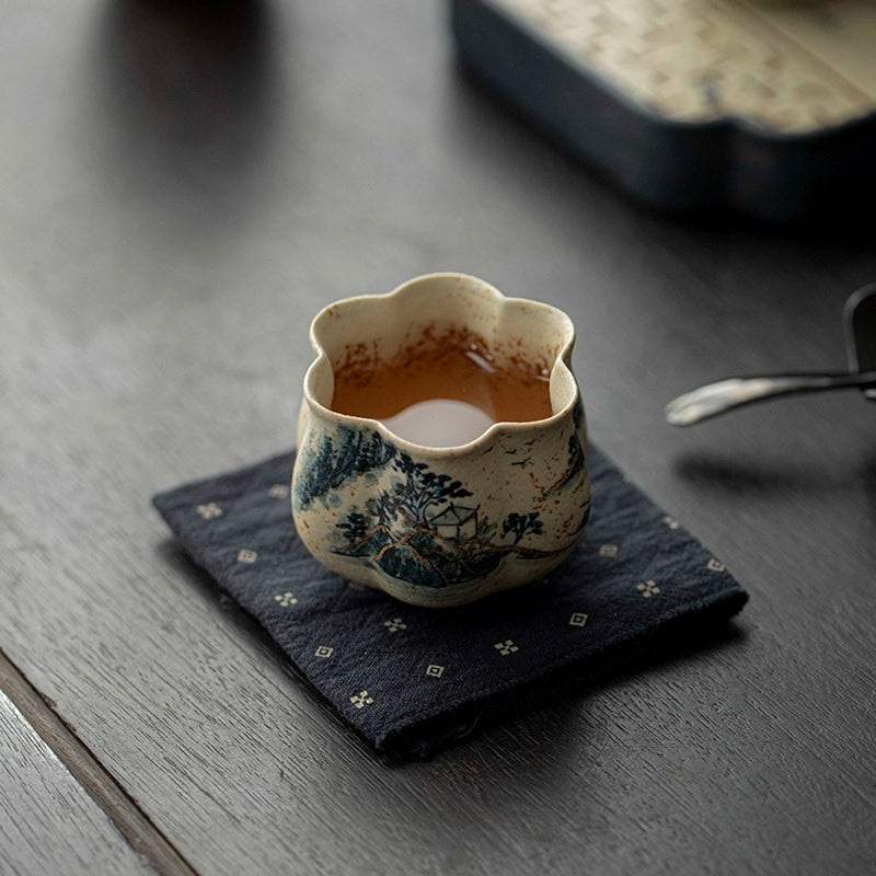 Elegant Flower Petal Teacup in Traditional Chinese Blue and White Porcelain