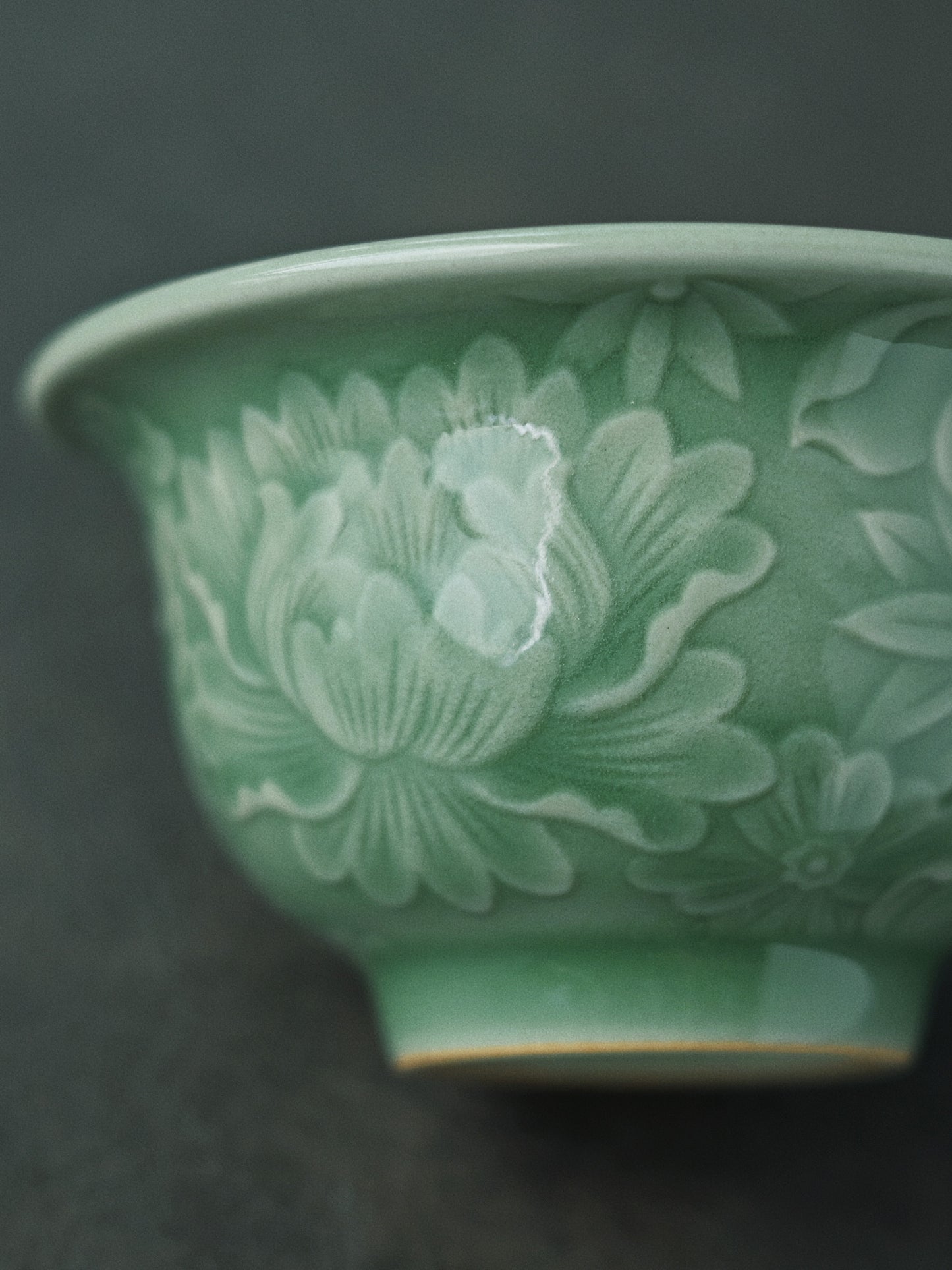 Longquan Celadon Plum-Green Relief-Carved Flowers Press Hand Teacup