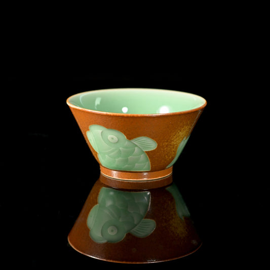 Longquan Celadon Ash and Plum Green Glaze Hand-Carved Fish Pattern Master Teacup