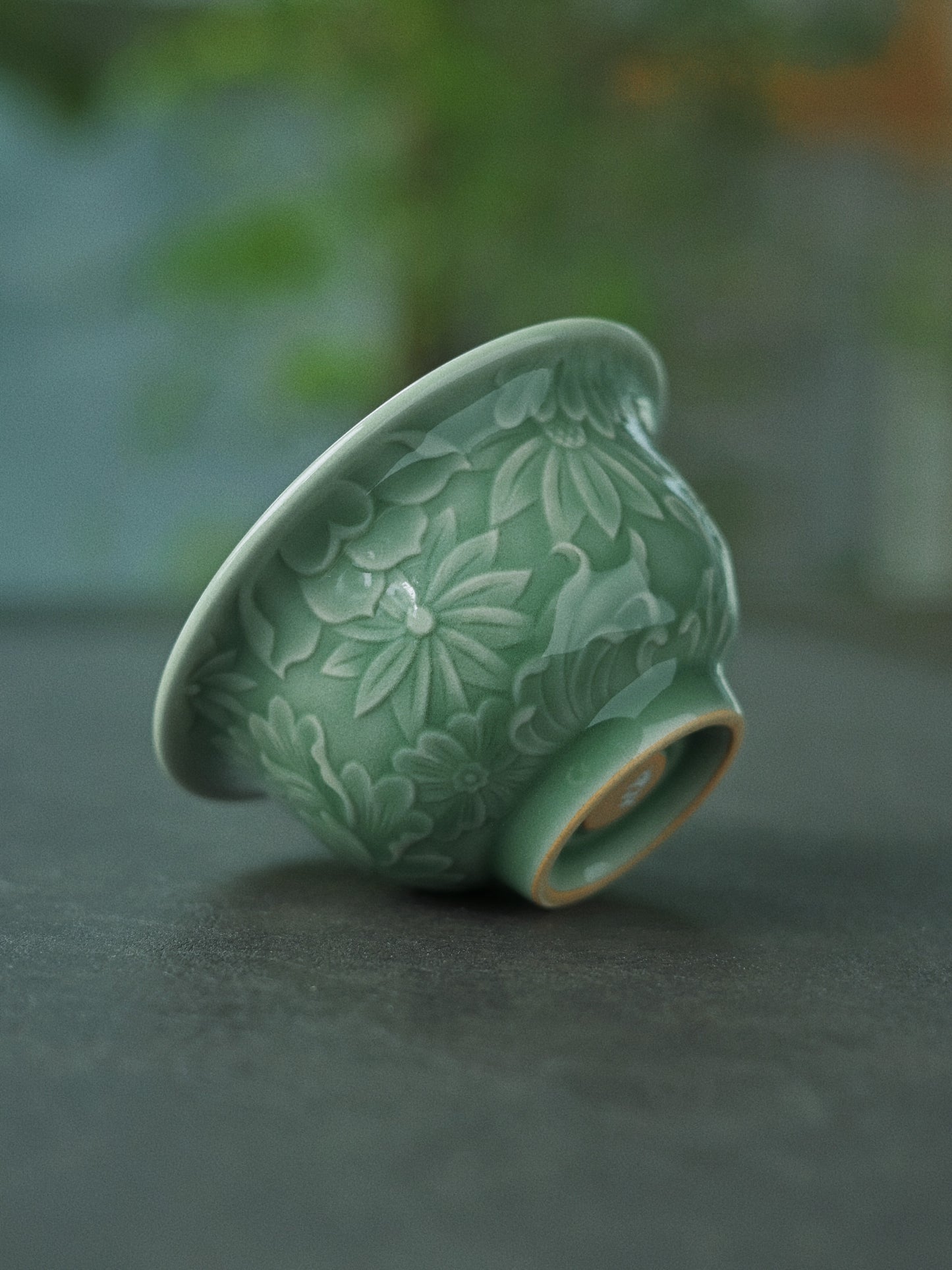 Longquan Celadon Plum-Green Relief-Carved Flowers Press Hand Teacup