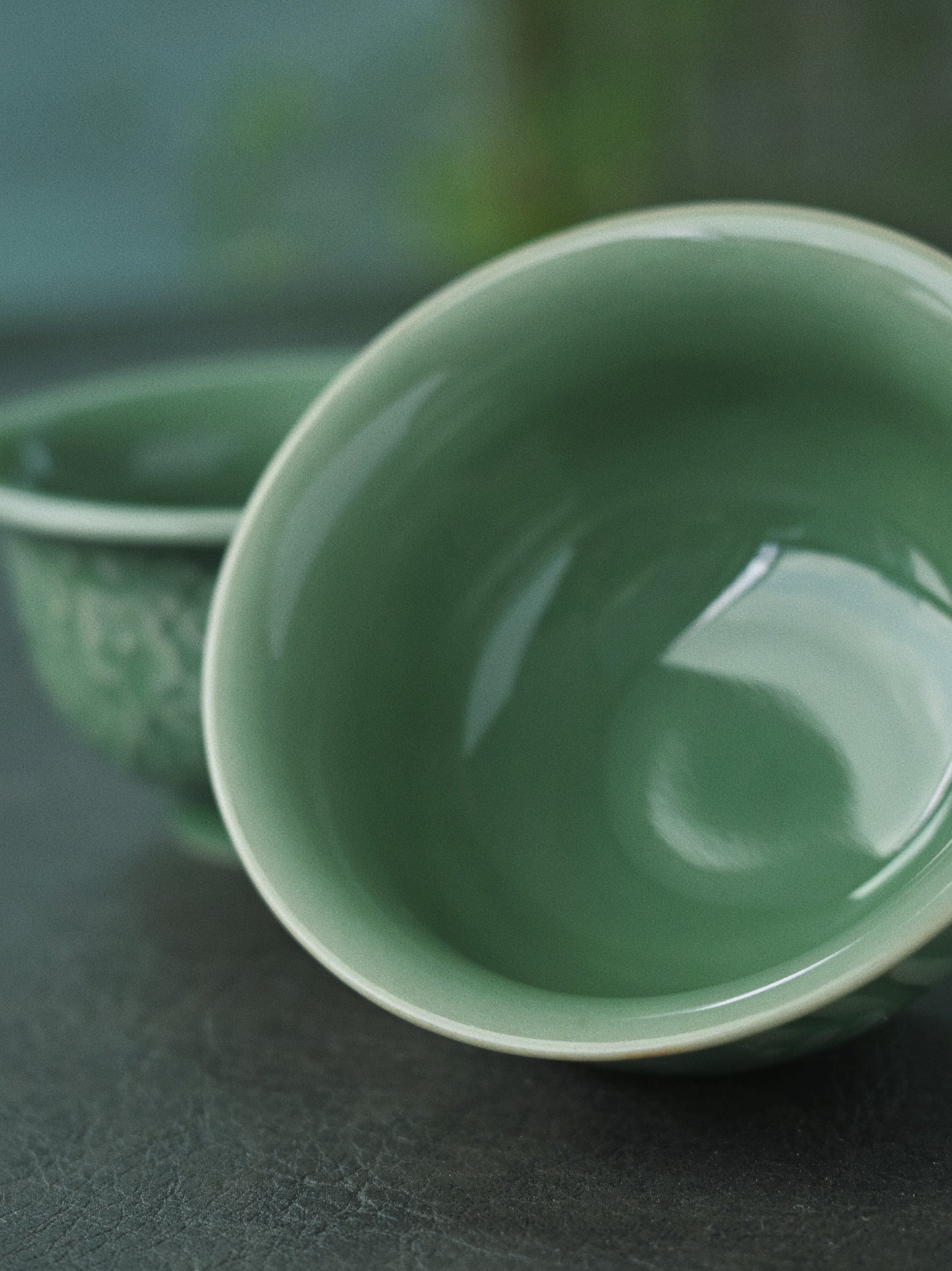 Longquan Celadon Plum-Green Relief-Carved Flowers Press Hand Teacup