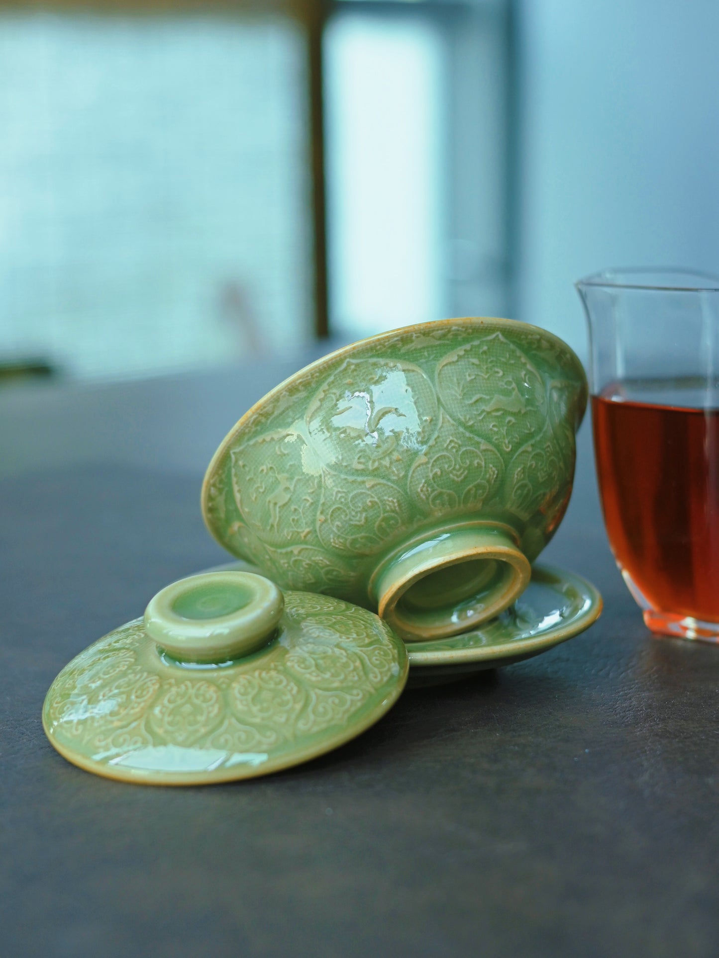 Longquan Celadon Vintage Glaze Relief-Carved Gaiwan Set