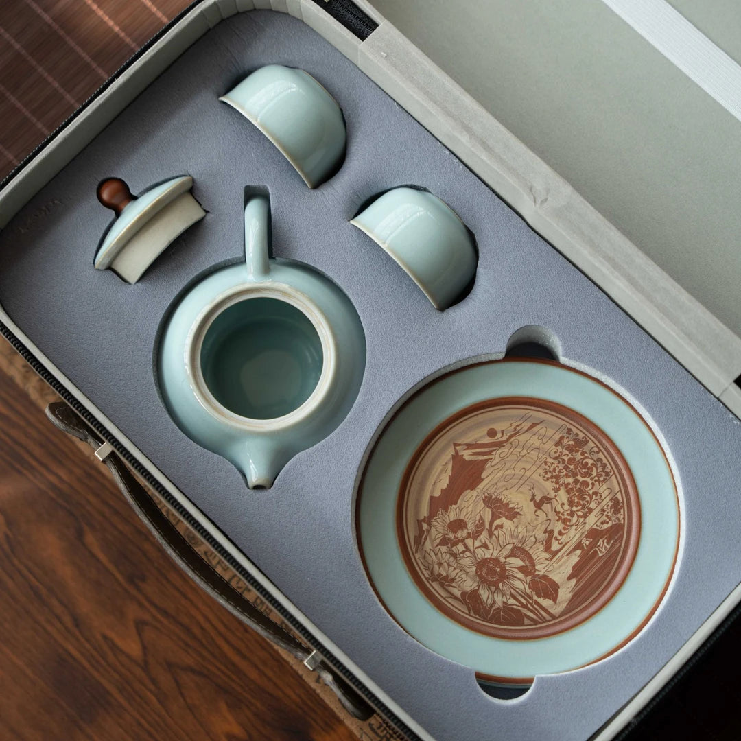 Ru-Ware (Ruyao) Nägelstütz-Technik Xi Shi Teekanne Himmelblau