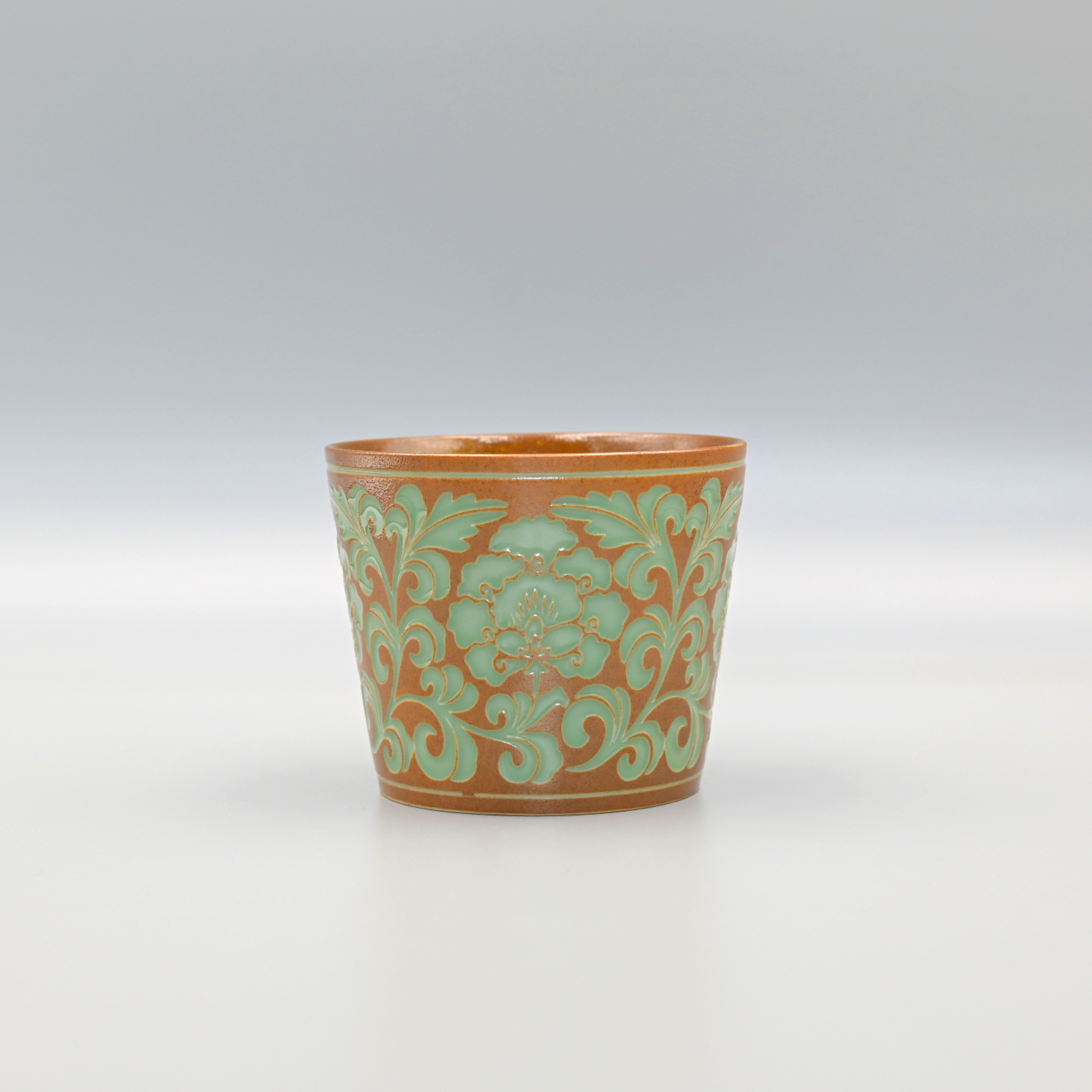 Longquan celadon teacup with hand-carved 3D peony vines and plant ash glaze, 260ml large capacity for tea or coffee, from the birthplace of Chinese celadon.