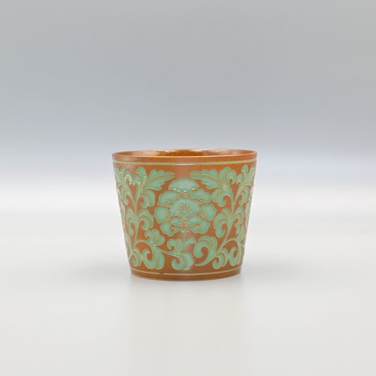 Longquan celadon teacup with hand-carved 3D peony vines and plant ash glaze, 260ml large capacity for tea or coffee, from the birthplace of Chinese celadon.