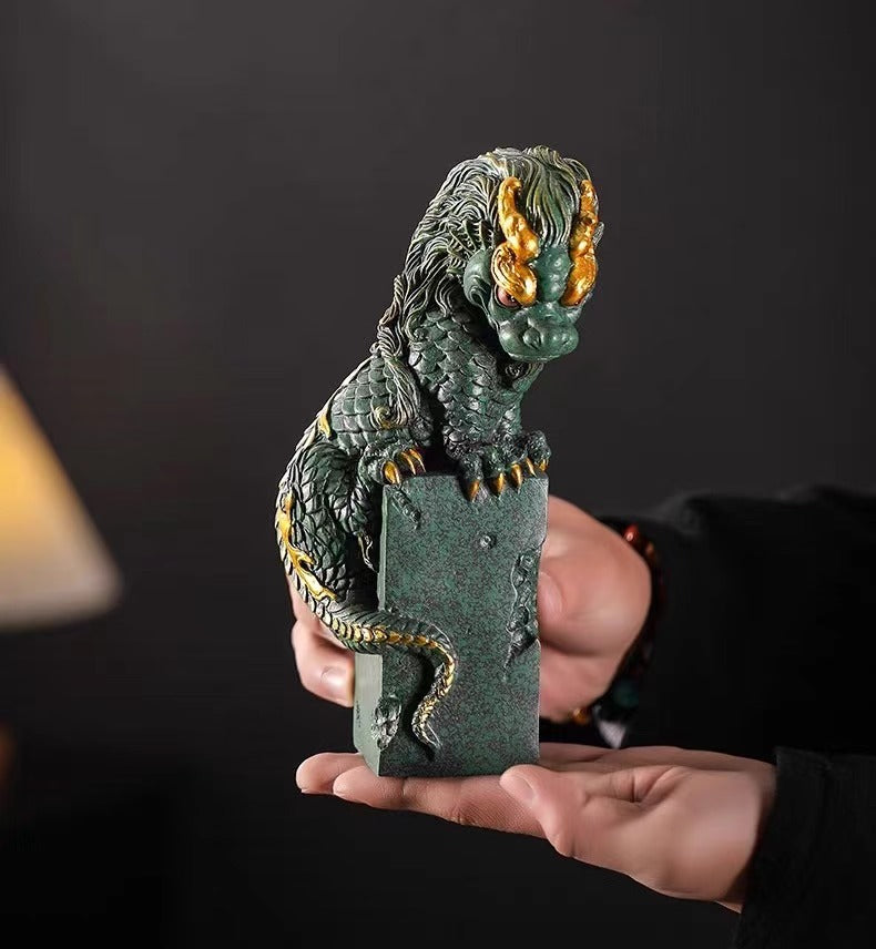 Chinese mythology inspired dragon tea pet - handcrafted green sandstone with gold embellishments