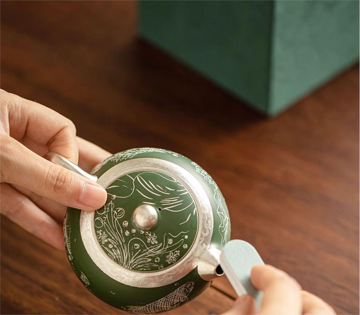 Dark Green Silver-plating Ceramic Teapot.