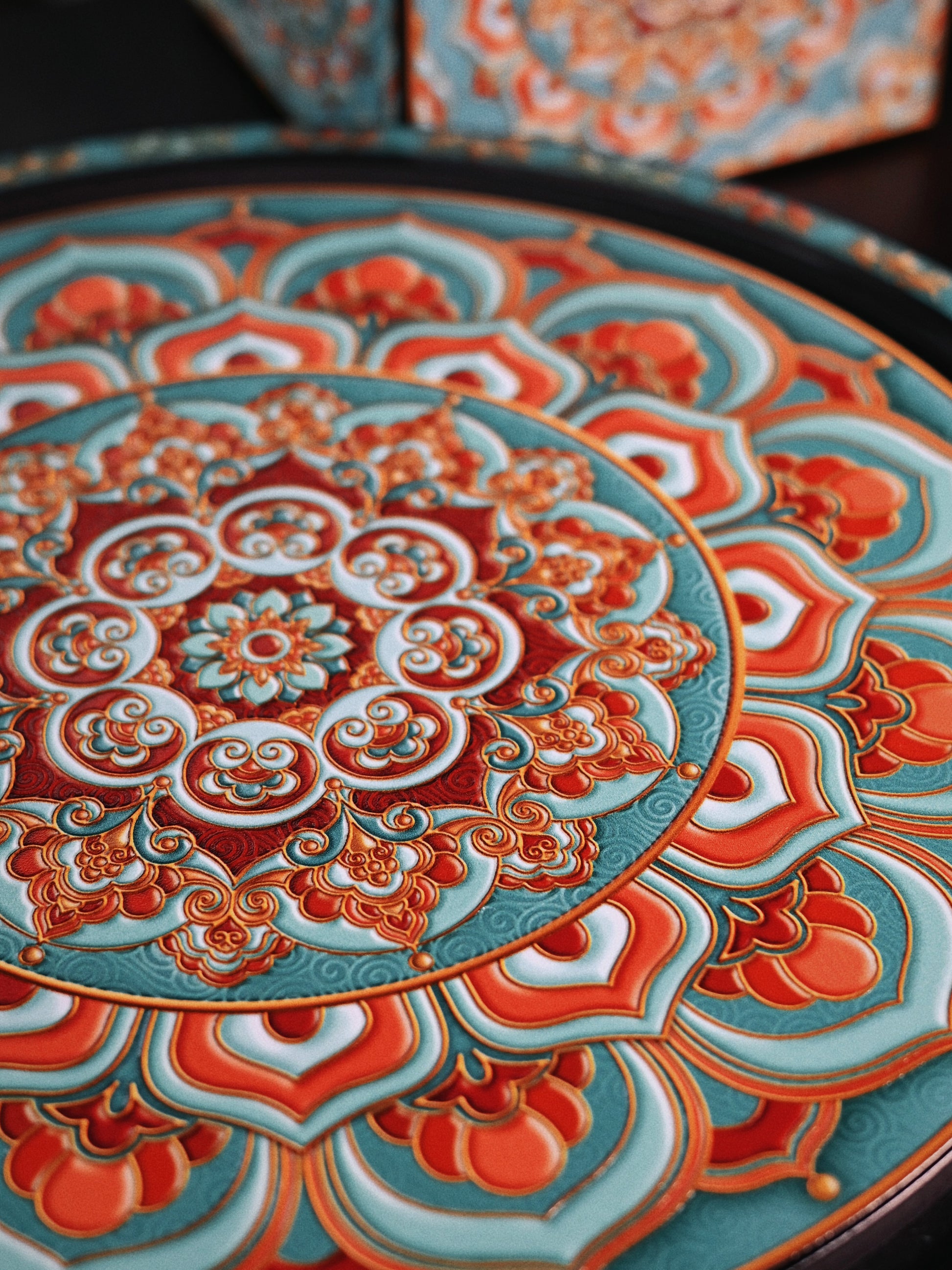 Oriental style tea tray featuring Dunhuang mural inspired artwork on bamboo charcoal fiber