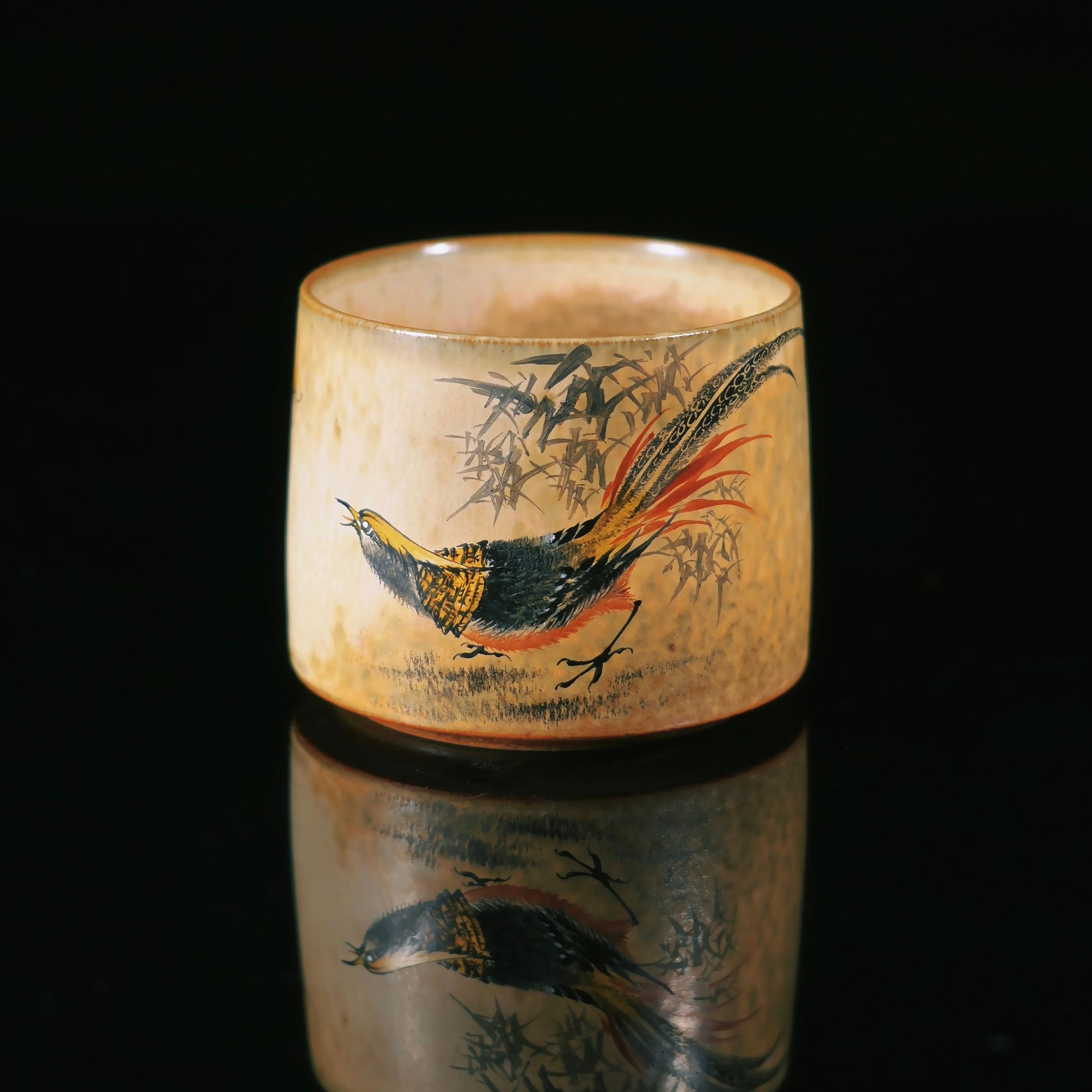 Saanwu Studio completely handmade Jingdezhen cup featuring three-dimensional form and detailed Chinese bird-and-flower painting in antique style.