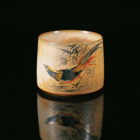 Saanwu Studio completely handmade Jingdezhen cup featuring three-dimensional form and detailed Chinese bird-and-flower painting in antique style.