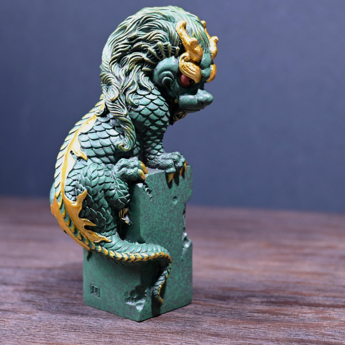 Gold-accented green sandstone coiling dragon figurine for Gongfu tea ceremonies.
