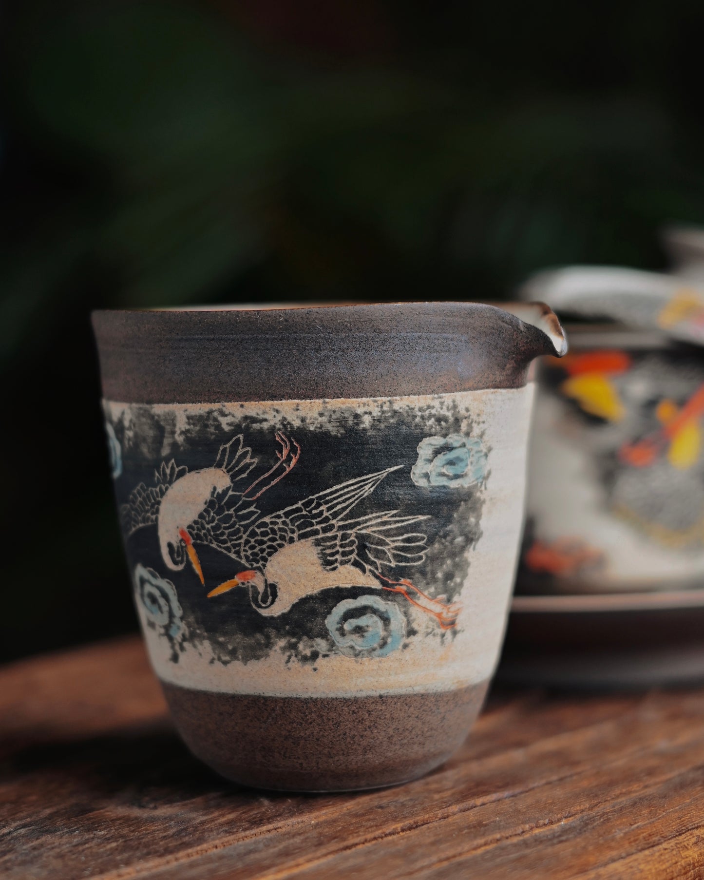 Cranes pattern ceramic tea set