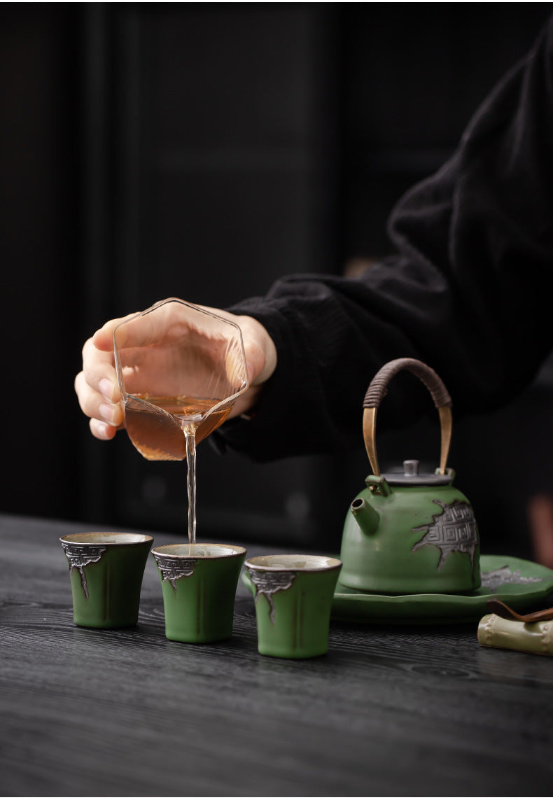 Vintage Coarse Pottery Teaware with Celadon Glaze