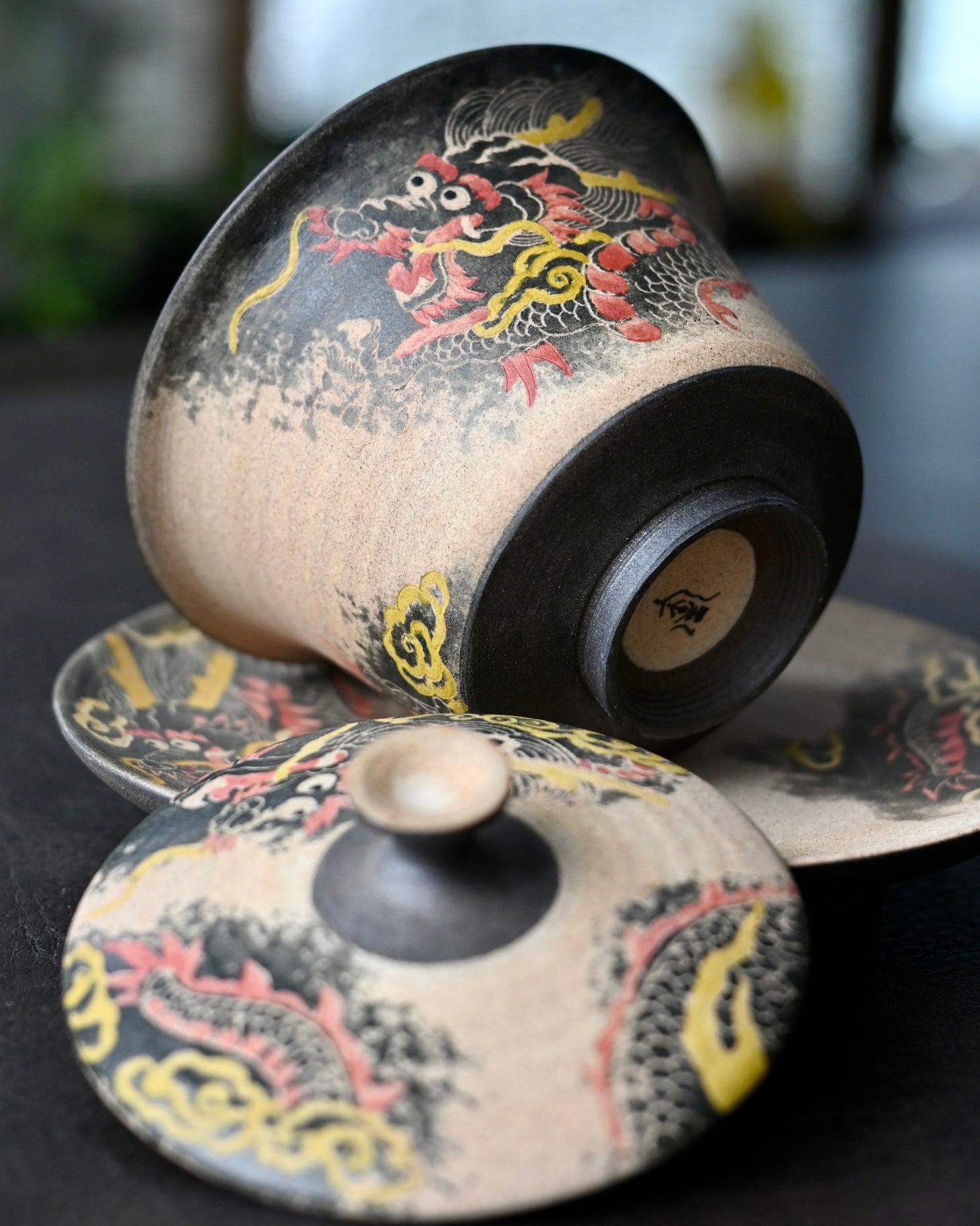 Jingdezhen Hand-carved and Hand-Painted Dragon Clay Gaiwan and Teacup Set