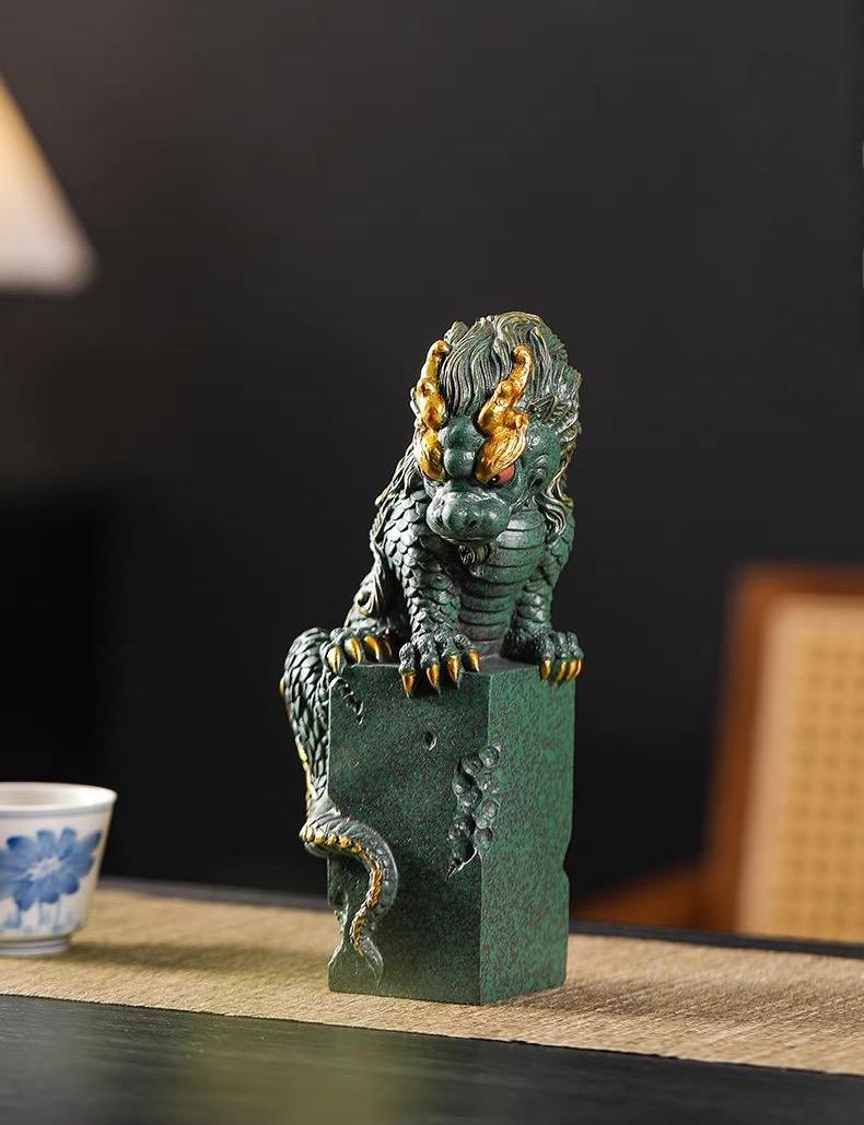 Green sandstone dragon tea companion with gold tracing - enhances tea brewing atmosphere