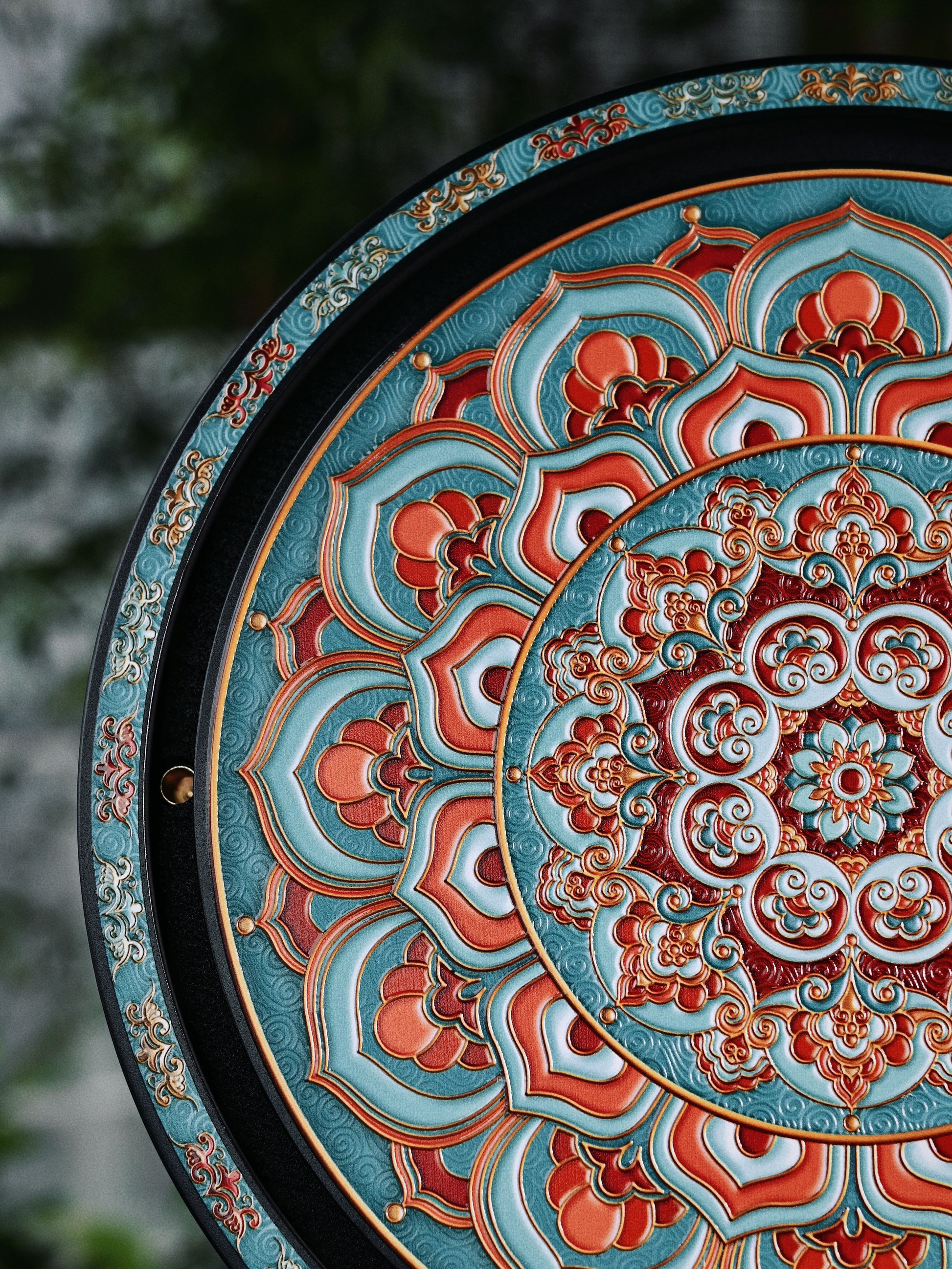 Elegant bamboo charcoal fiber tea tray with Dunhuang mural style motifs, paired with teaware
