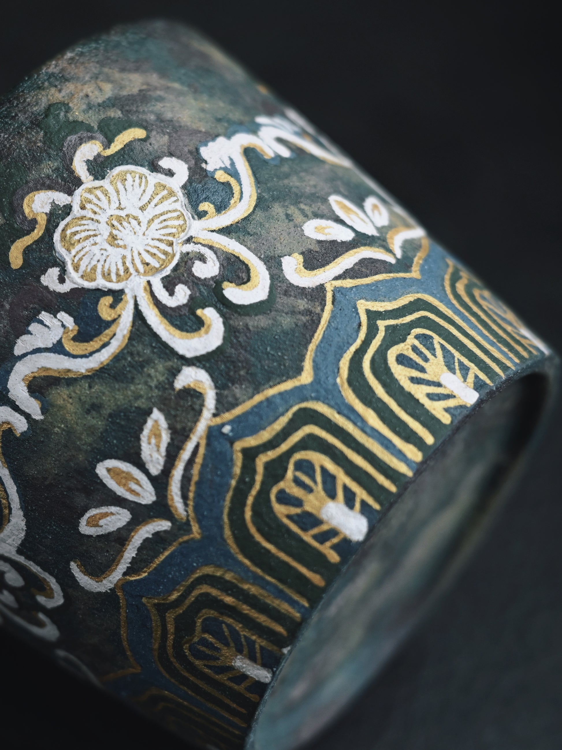 Handcrafted Jingdezhen cup with Dunhuang mural art in authentic mineral colors, vintage finish and large-volume design perfect for coffee or tea rituals.