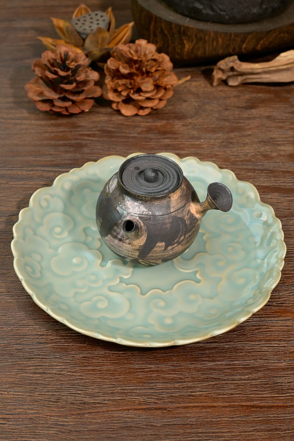 Top-down view of scalloped petal rim Ru Ware sky-blue tray with auspicious cloud motif
