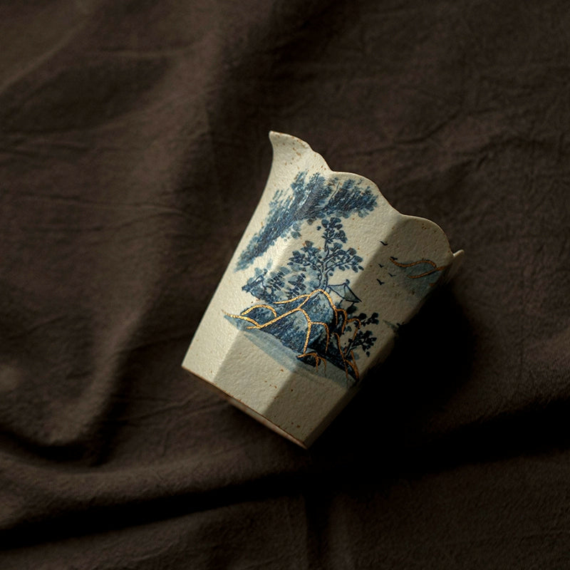 Elegant Hand-painted Landscape on Porcelain Fair Cup with Gold Detailing