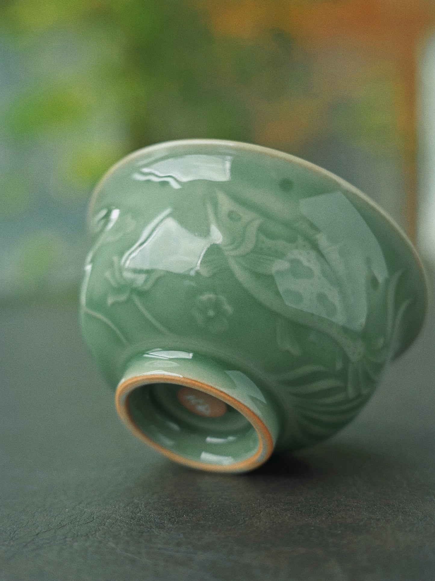 Longquan Celadon Plum-Green Relief-Carved Flowers Press Hand Teacup