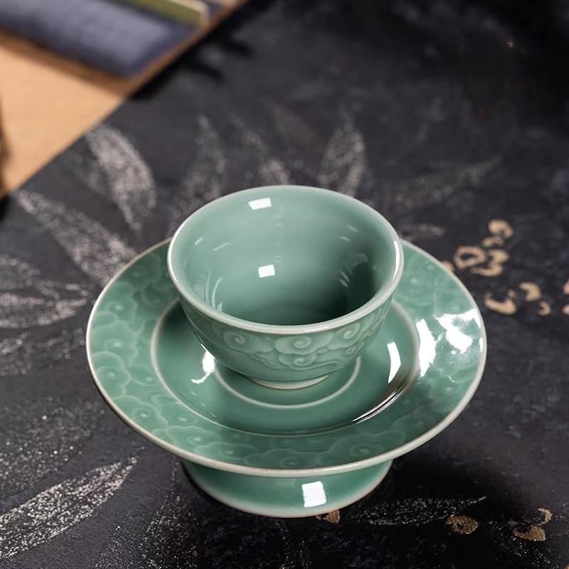 Longquan Celadon Song Dynasty-Style Teacup with High-Footed Saucer