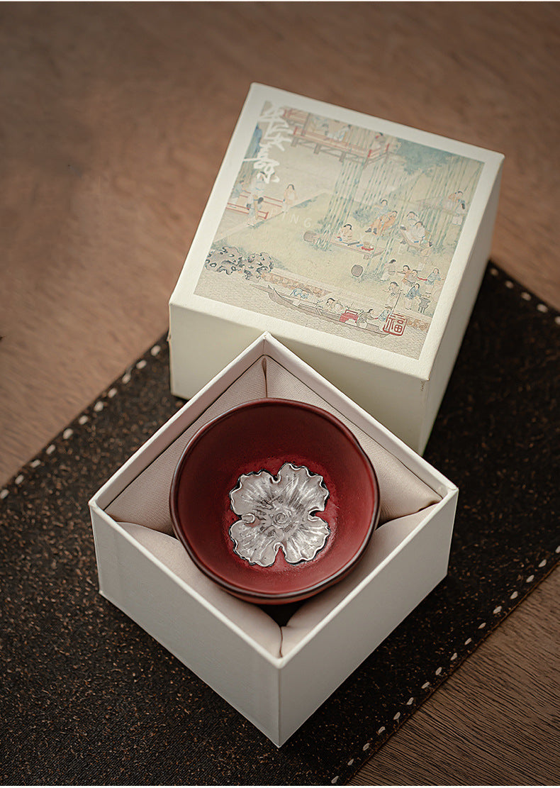 Chinese Style Retro Inlaid Flower Silver-glazed Teacup