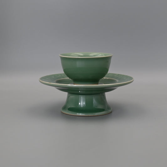 Longquan Celadon Song Dynasty-Style Teacup with High-Footed Saucer