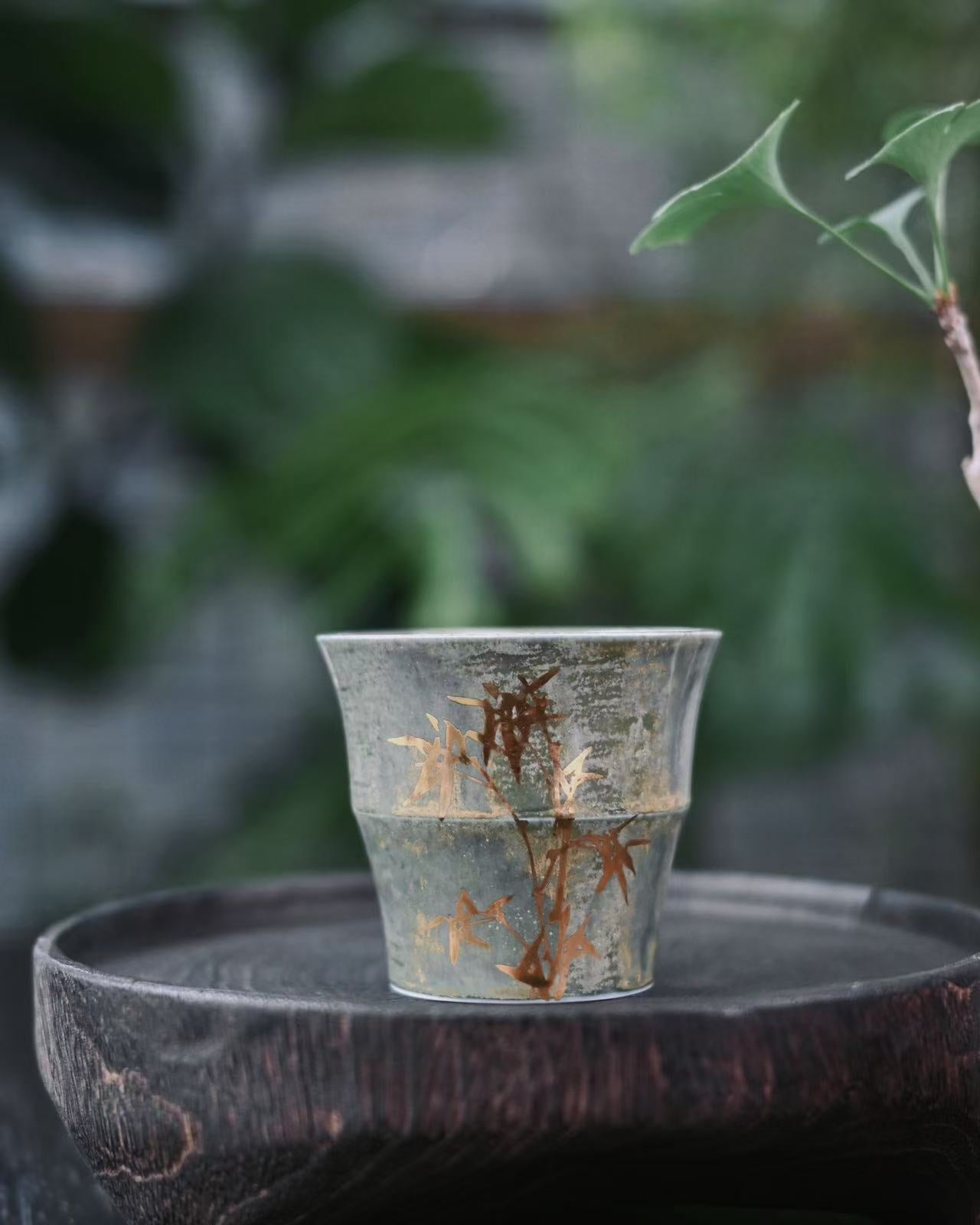 Handcrafted bamboo shape and hand painted bamboo pattern gold traced teacup