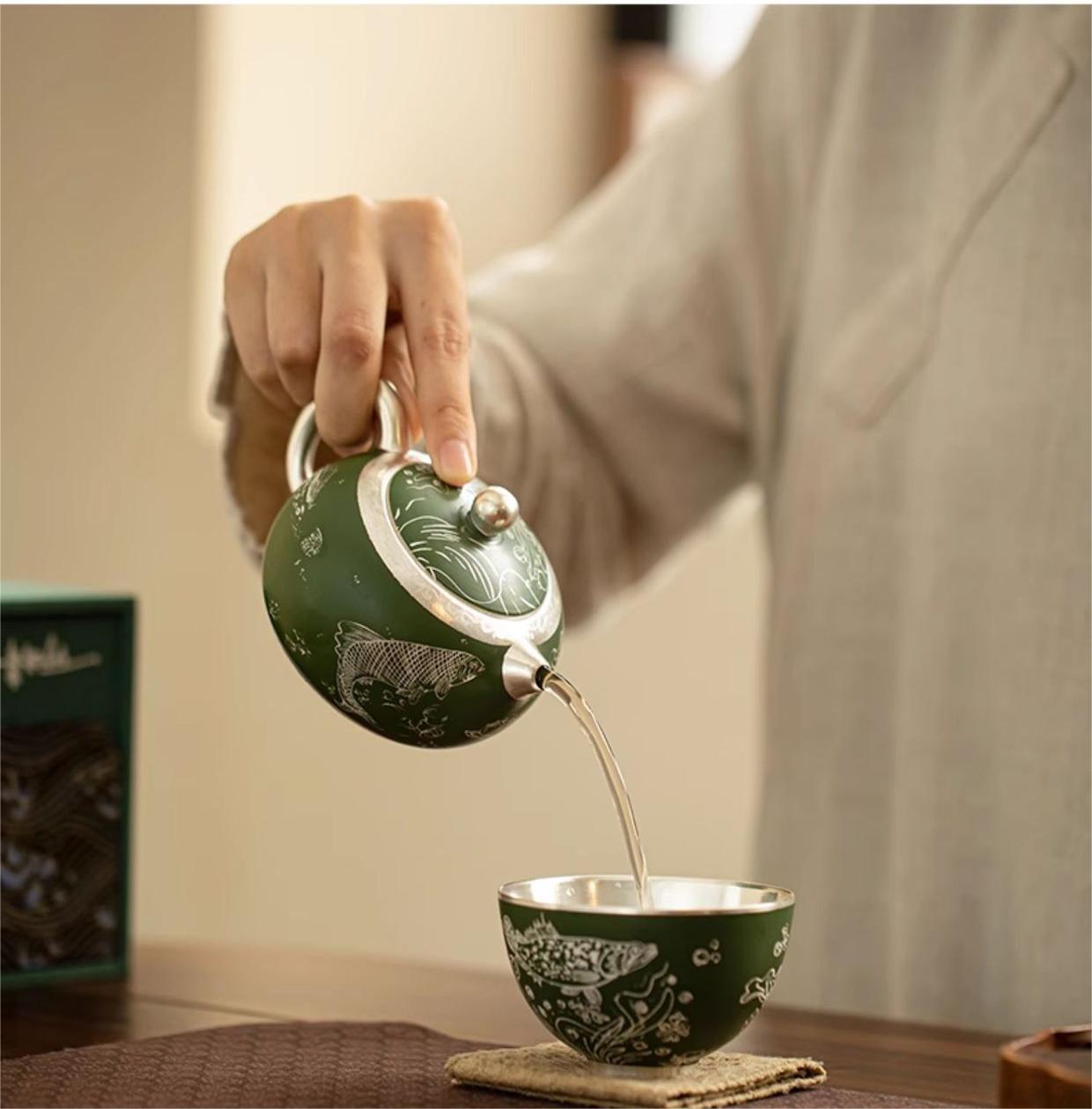Dark Green Silver-plating Ceramic Teapot.