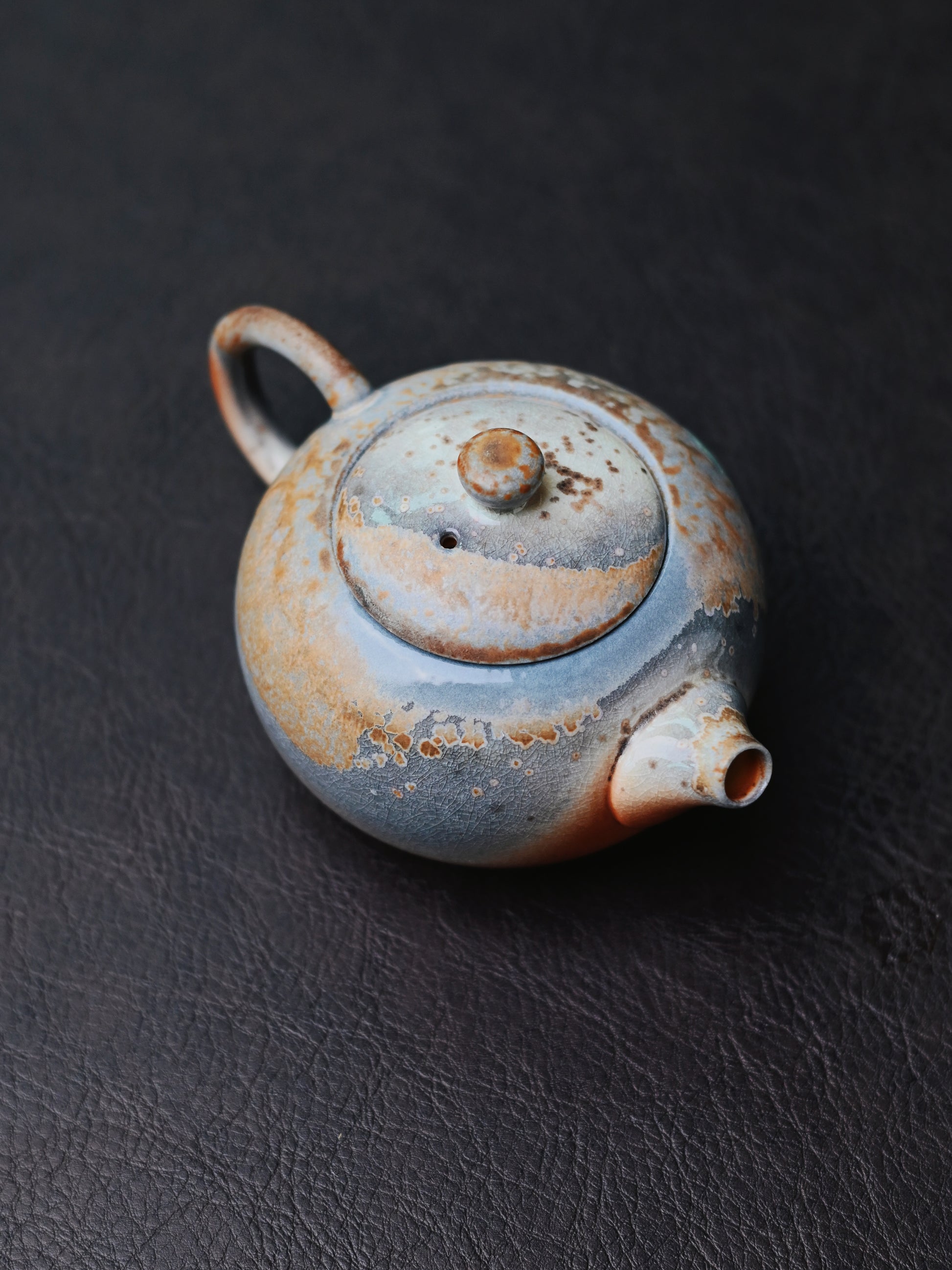 Raku-style Yixing teapot: wood-ash crystallized Xishi form with dramatic kiln marks and natural glaze effects - each piece completely unique