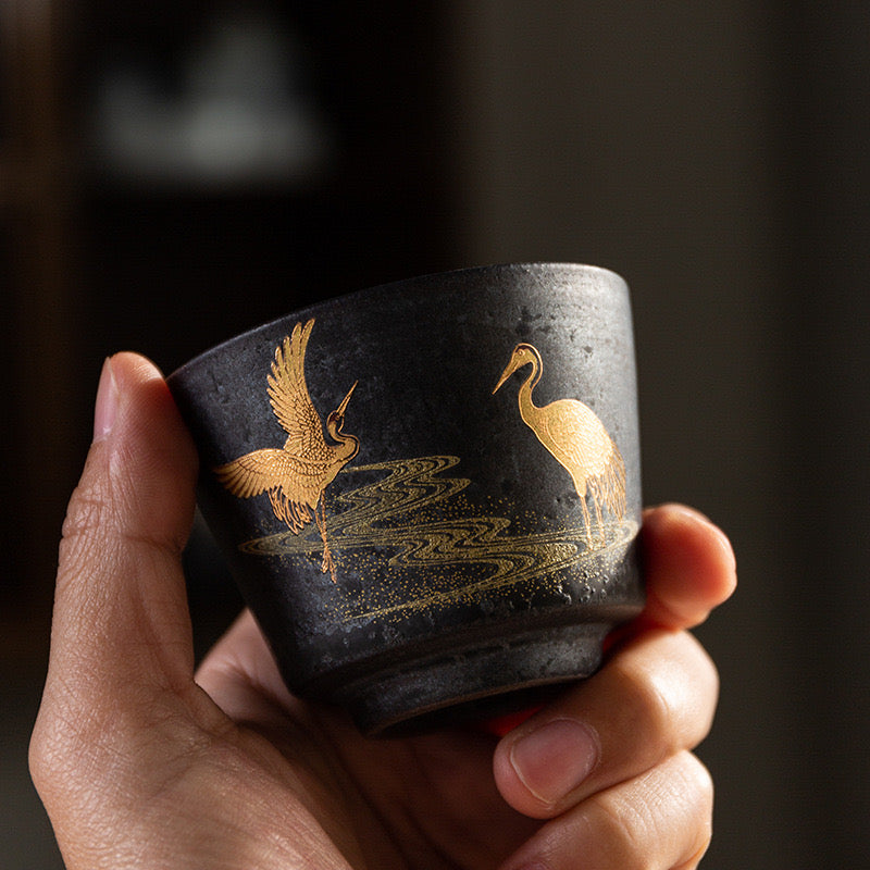 Jingdezhen Handcrafted Vintage Ceramic Teacup with Gilded-paint Double Cranes