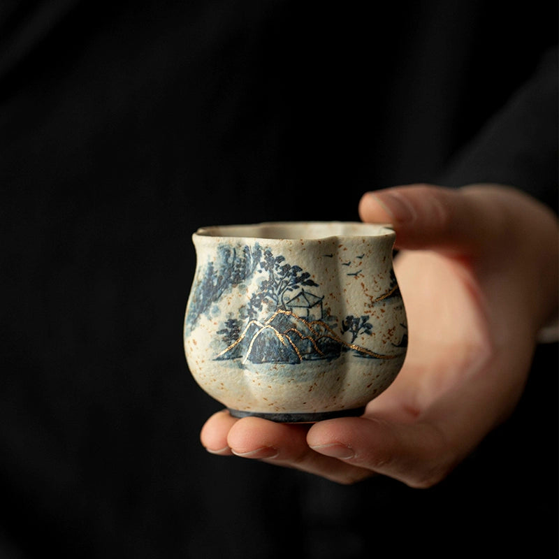 Close-up of Hand-painted Chinese Landscape on Petal-shaped Teacup