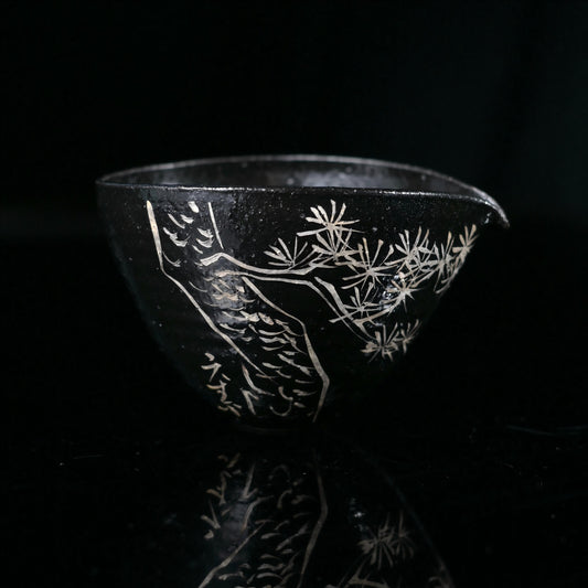 Complete chanoyu set embodying wabi-sabi: glossy black glaze with silvered poetry and pine motifs, traditionally fired for organic imperfections and meditative use.