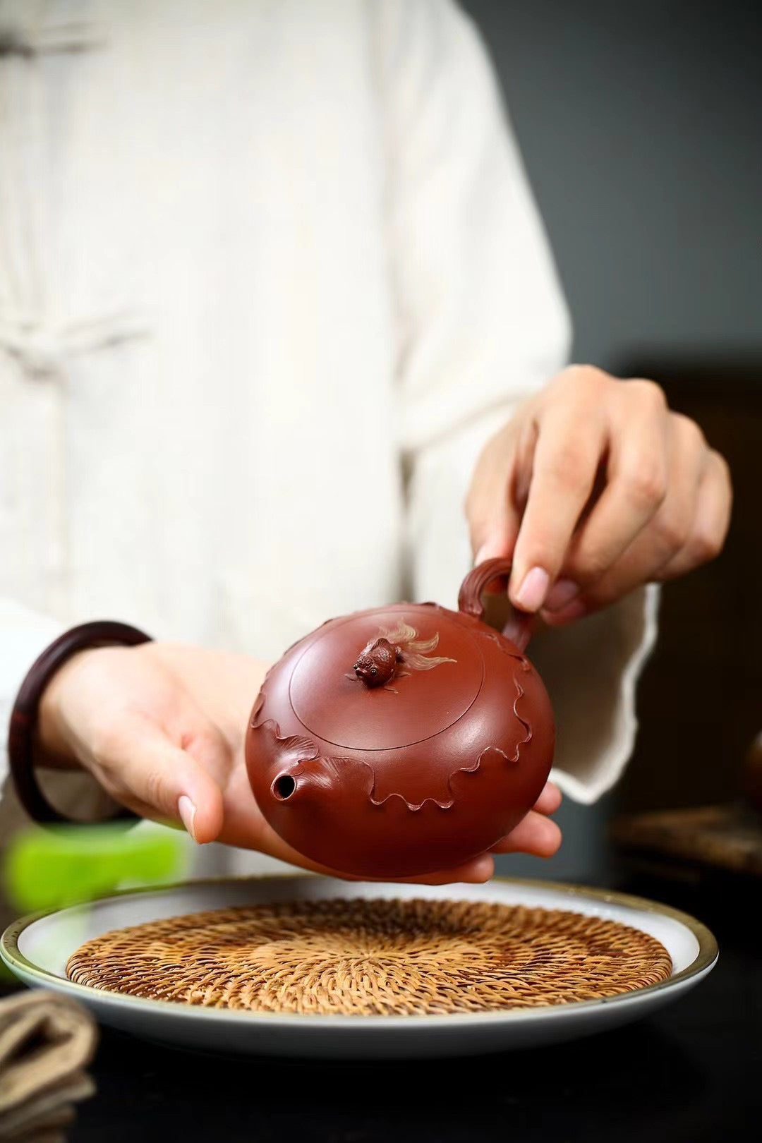Yixing Purple Clay Flat Xishi Teapot--"Gold & Jade Overflow"