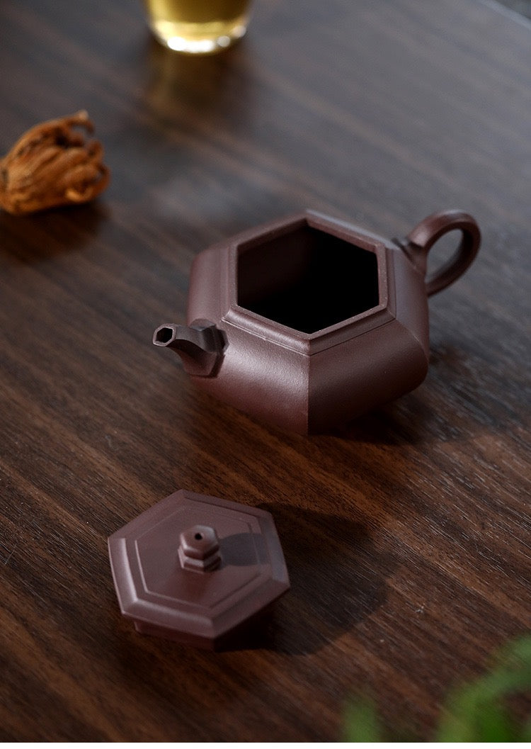 Yixing Purple Clay Teapot Handmade Hexagonal Kung Fu Teapot