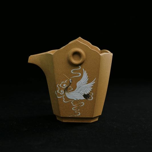 Fully handmade Yixing Zisha justice cup in Benshan Lüni clay, featuring hand-painted cranes and clouds.