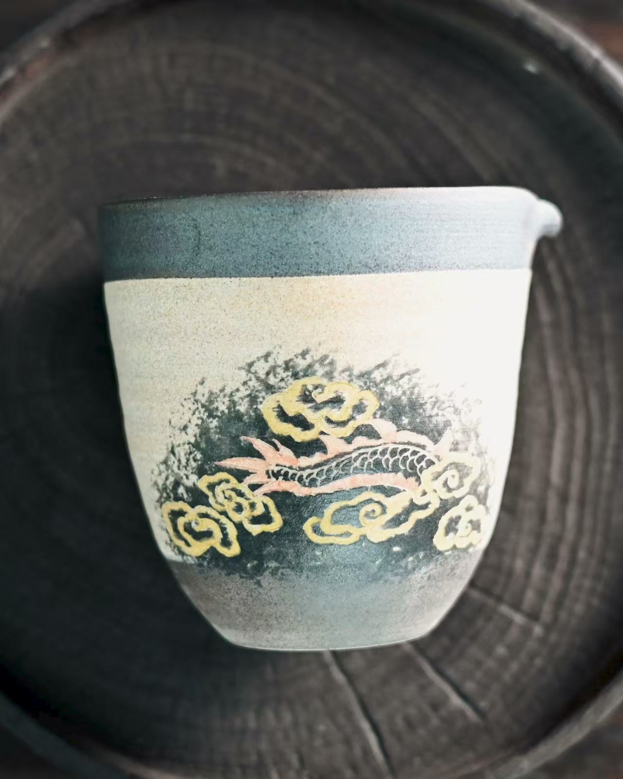 Jingdezhen Handmade vintage ceramic tea pitcher (fairness cup)with hand carved dragon pattern for tea ceremony, 150 ml capacity