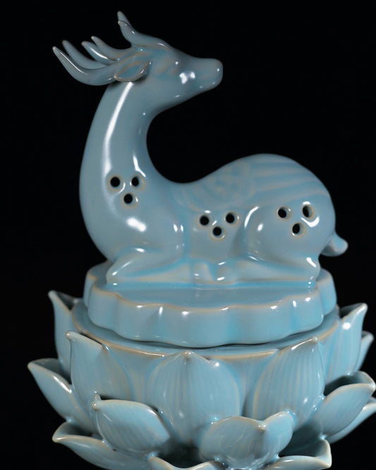 Ru Ware Sky-Blue Celestial Deer & Sacred Lotus Incense Burner