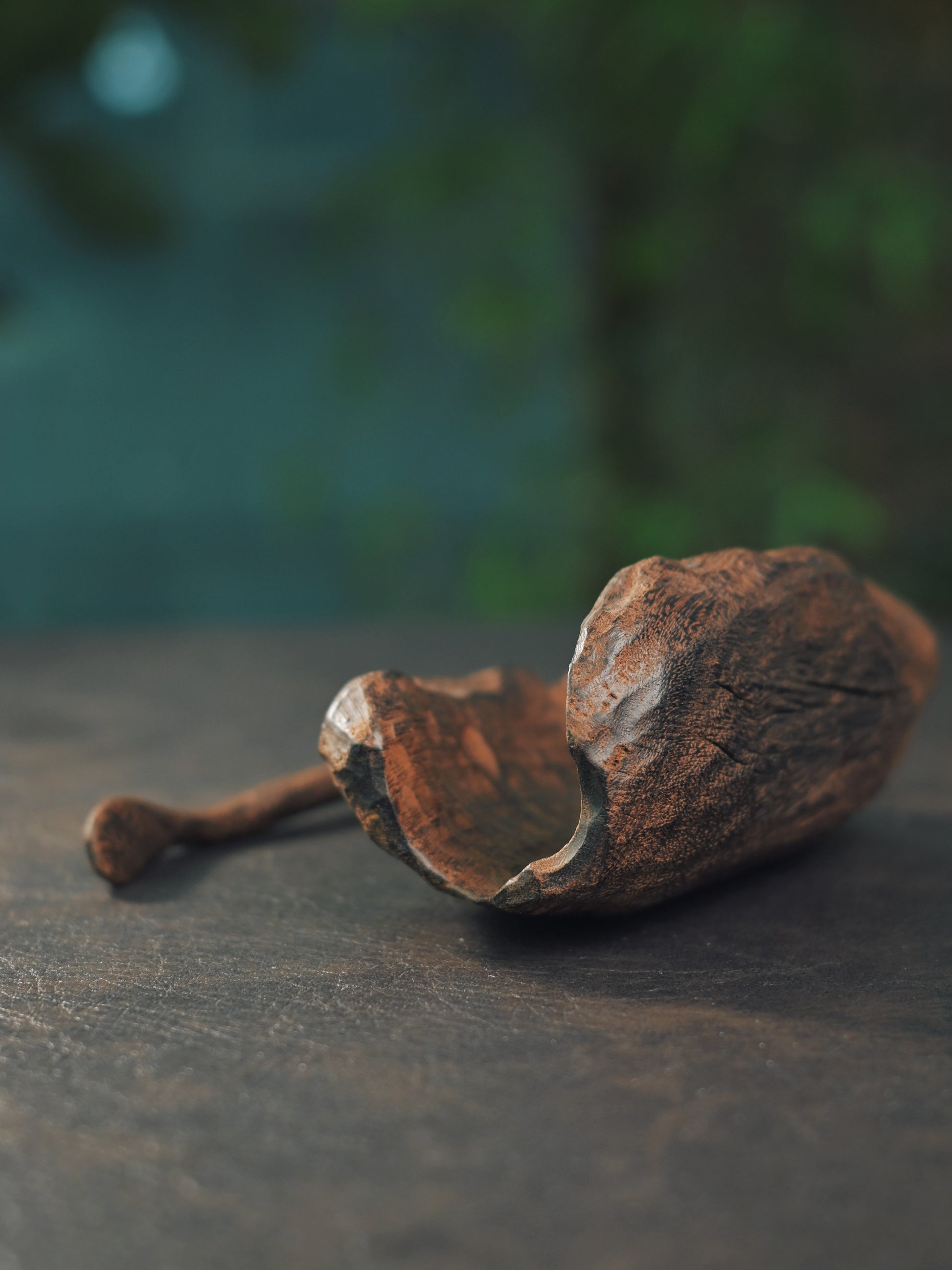 Irregular shaped tea scoop handmade from iron wood, featuring carbonized surface and rustic charm