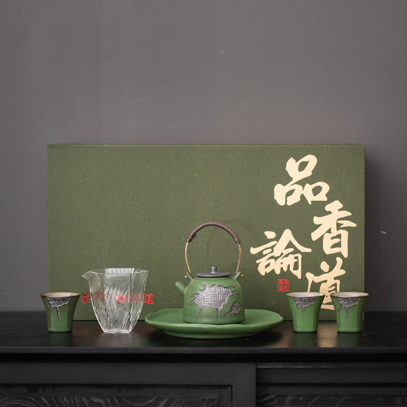 Vintage Coarse Pottery Teaware with Celadon Glaze