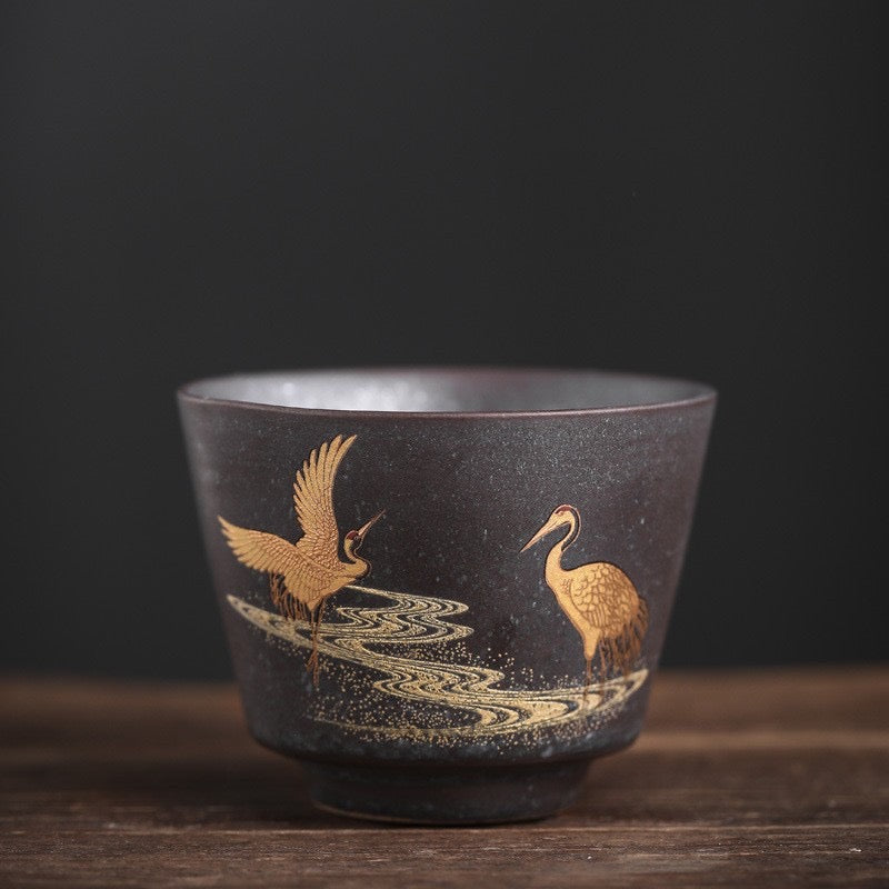 Jingdezhen Handcrafted Vintage Ceramic Teacup with Gilded-paint Double Cranes