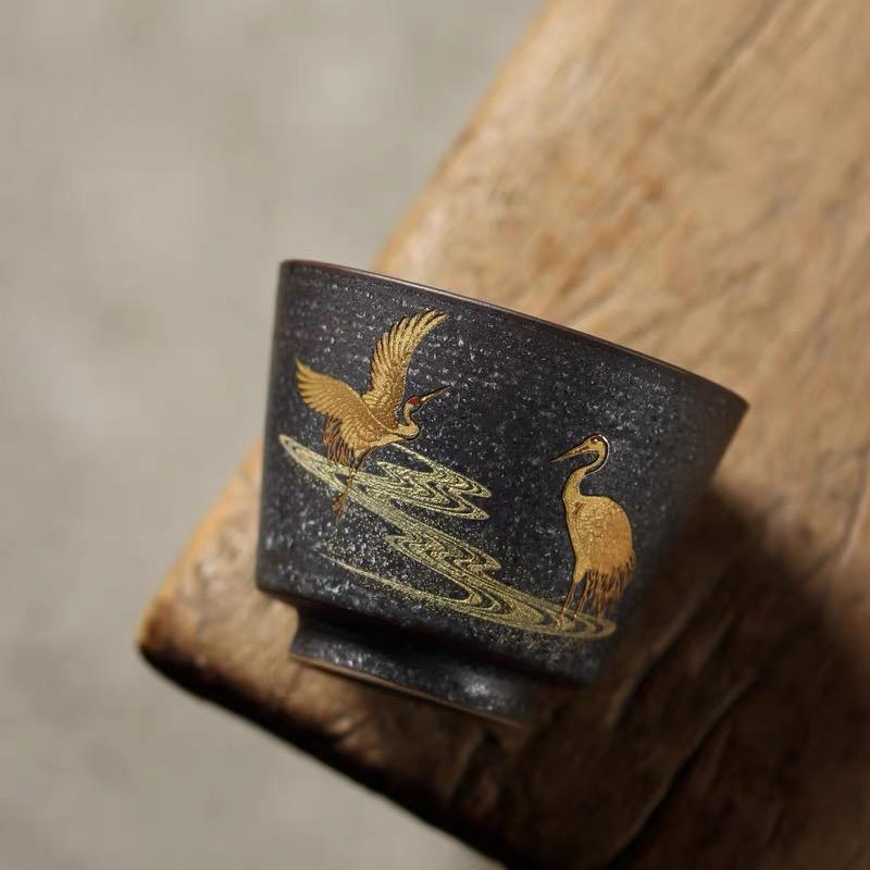 Jingdezhen Handcrafted Vintage Ceramic Teacup with Gilded-paint Double Cranes