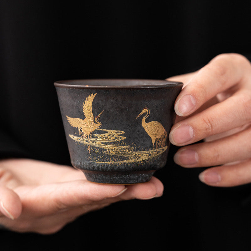 Jingdezhen Handcrafted Vintage Ceramic Teacup with Gilded-paint Double Cranes