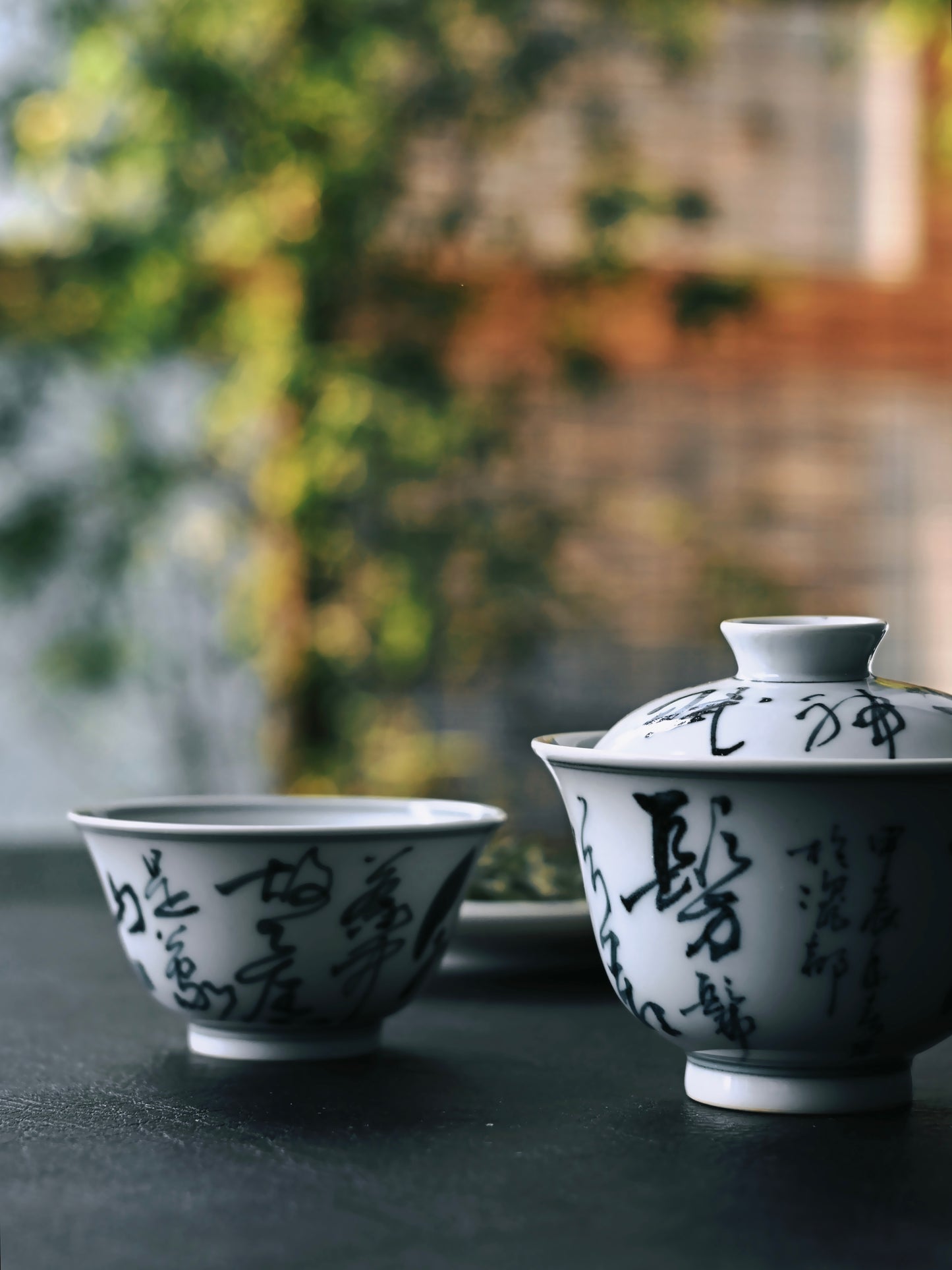 Jingdezhen Blue-and-White Hand-Writing Poetry Calligraphy Gaiwan Set